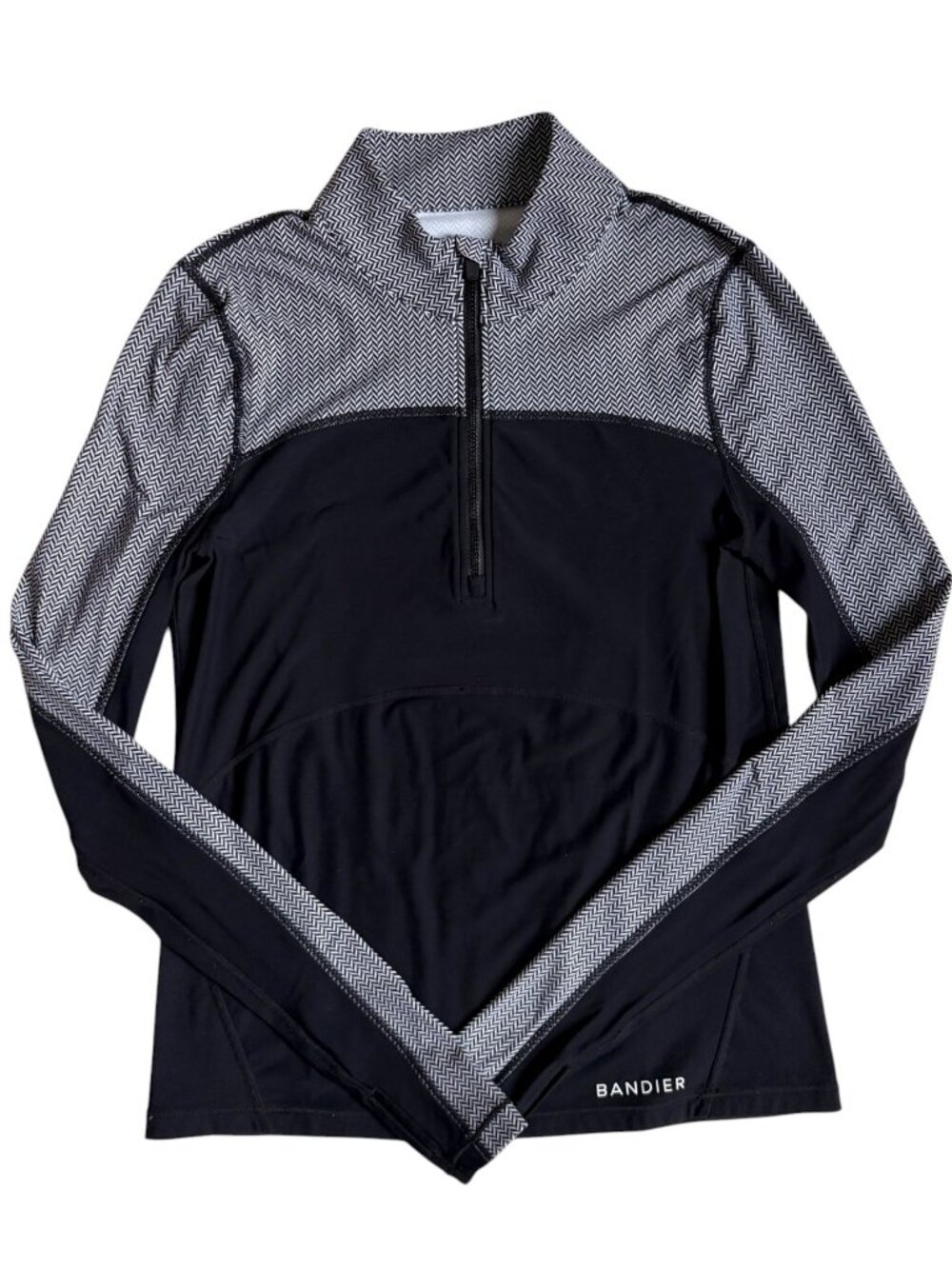 Bandier Pro Fleece 1/4 Zip Color Block Long Sleeve Top (Black Herringbone) - S